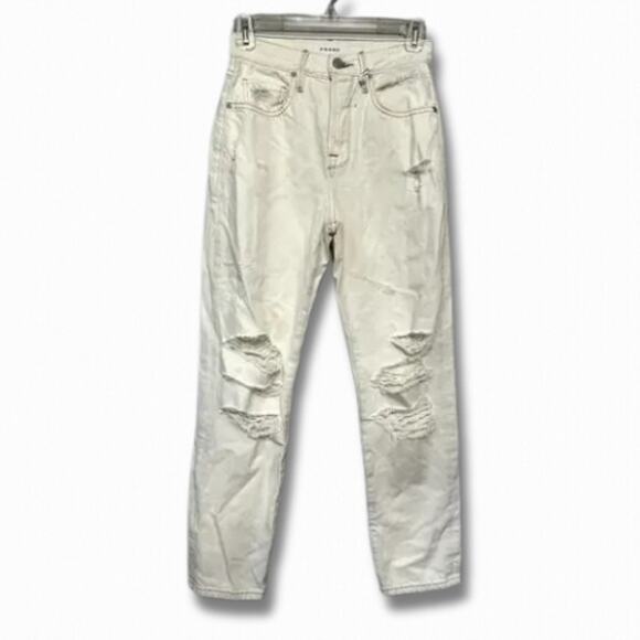 Frame Straight Leg Cut Jeans High Rise Fit Button Fly Distressed Cream W 23 NWT - Picture 1 of 8